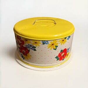 Vintage Mid-Century Floral Tin Cake Carrier | Yellow Lid Polka Dots Cottagecore